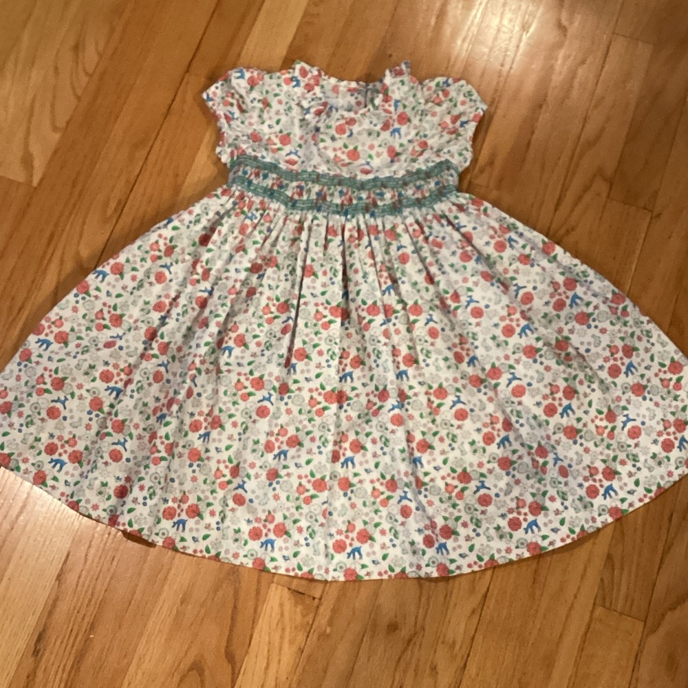 Little English White Floral Smocked Dress with Pink & Blue Flowers/Animals